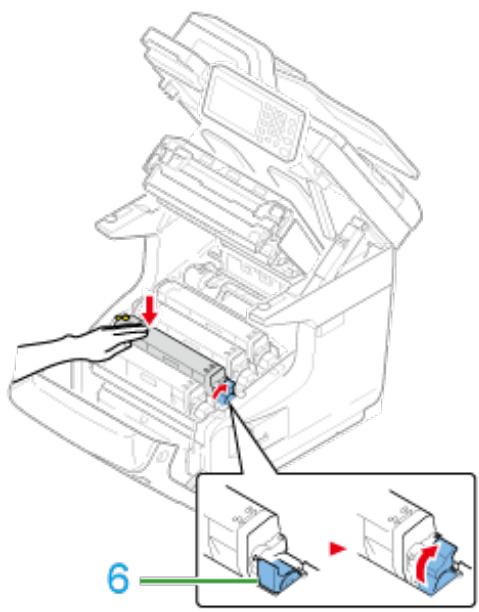 OKI ES8453DN - Tournez le levier bleu de la cartouche de toner vers l'arrière jusqu'à ce que sa partie supérieure s'aligne sur la marque  . - 1
