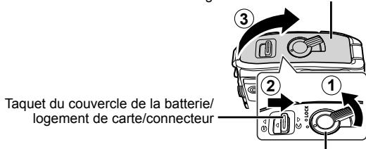 OLYMPUS TG6 - Suivez les étapes ① , ② et ③ pour ouvrir le couvercle de la batterie/logement de carte/connecteur. - 1