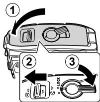 OLYMPUS TG6 - Suivez les étapes ① ② et ③ pour fermer le couvercle de la batterie/ logement de carte/connecteur. - 1