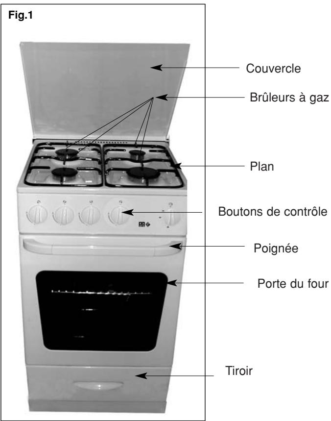 Fig.1 Couvercle Brûleurs à gaz Plan Boutons de contrôle Poignée Porte du four Tiroir