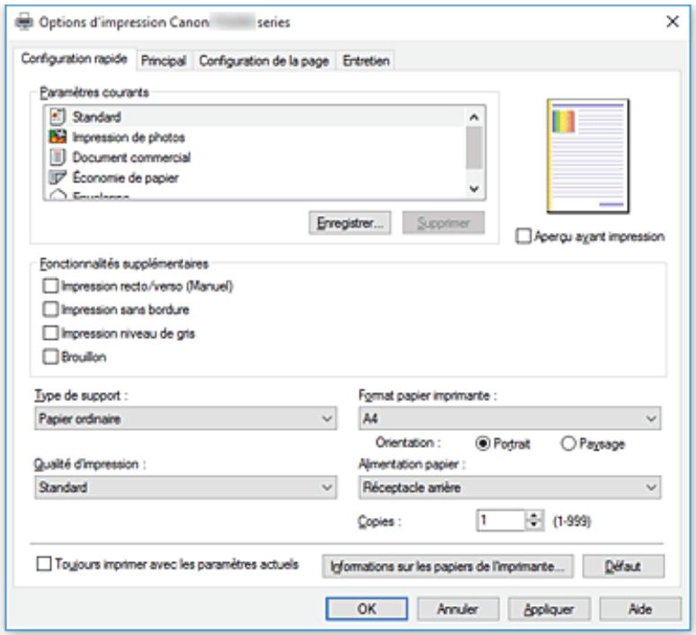 CANON PIXMA TS3350 - Description de l'onglet configuration rapide - 1