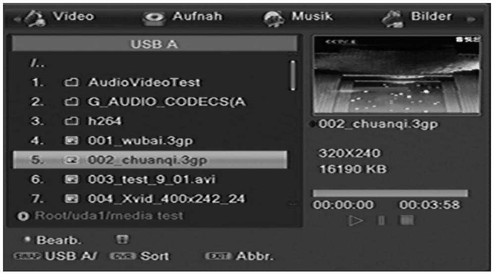 USB A 1.. 1. AudioVideoTest 2. G_AUDIO_CODECS(A 3. h264 4. 001_wubai.3gp 5. 002_chuanqi.3gp 6. 003_test_9_01.avi 7. 004_Xvid_400x242_24 Root/uda1/media test Bearb. USB AI Sort Exit Abbr.
