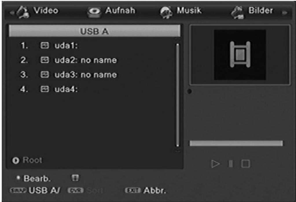 Video Aufnah Musik Bilder USB A 1. uda1: 2. uda2: no name 3. uda3: no name 4. uda4: Root Bearb. USB A/ CVR Sort Exit Abbr.