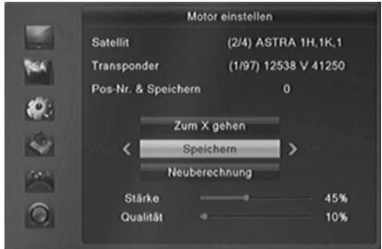 Motor einstellen Satellit (2/4) ASTRA 1H,1K.1 Transponder (1/97) 12538 V 41250 Pos-Nr. & Speichern 0 Zum X gehen Speichern Neuberechnung Stärke 45% Qualität 10%