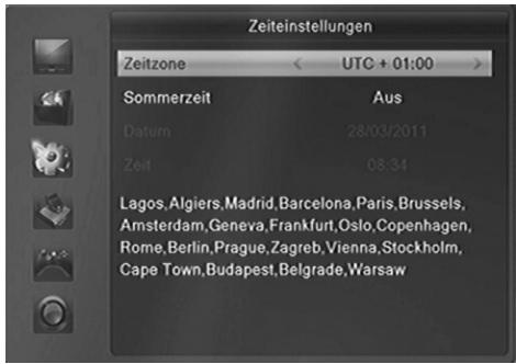 Zeiteinstellungen Zeitzone < UTC + 01:00 > Sommerzeit Aus Datum 28/03/2011 Zeit 08:34 Lagos, Algiers, Madrid, Barcelona, Paris, Brussels, Amsterdam, Geneva, Frankfurt, Oslo, Copenhagen, Rome, Berlin, Prague, Zagreb, Vienna, Stockholm, Cape Town, Budapest, Belgrade, Warsaw