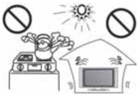 Illustration showing a house with a stove, sun, and prohibition symbols, likely depicting environmental protection or fire safety.