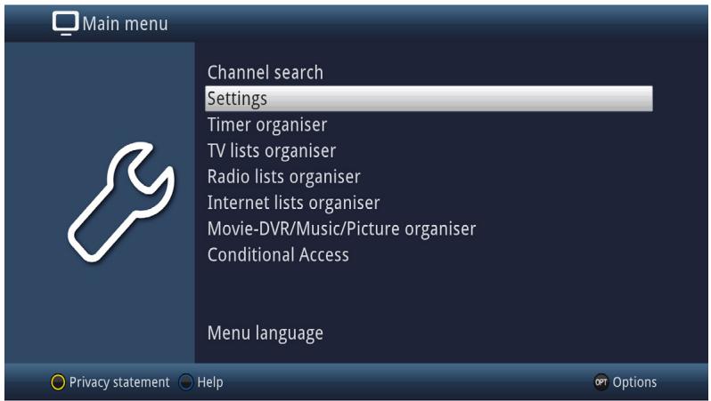 Main menu Channel search Settings Timer organiser TV lists organiser Radio lists organiser Internet lists organiser Movie-DVR/Music/Picture organiser Conditional Access Menu language Privacy statement Help Options