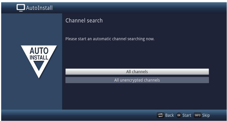 AutoInstall Channel search Please start an automatic channel searching now. AUTO INSTALL All channels All unencrypted channels Back OK Start INFO Skip