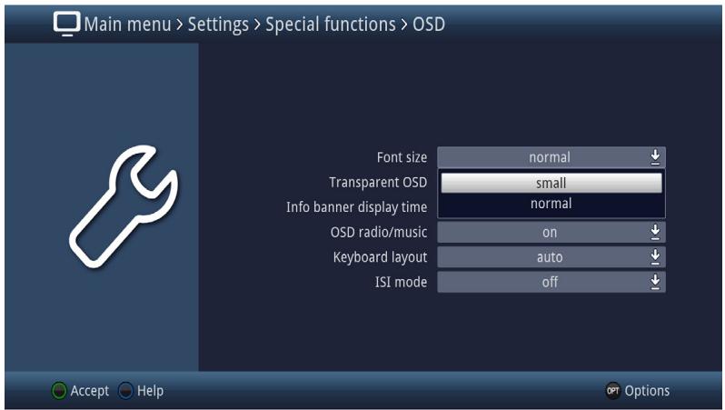 Main menu > Settings > Special functions > OSD Font size normal Transparent OSD small Info banner display time normal OSD radio/music on Keyboard layout auto ISI mode off Accept Help Options