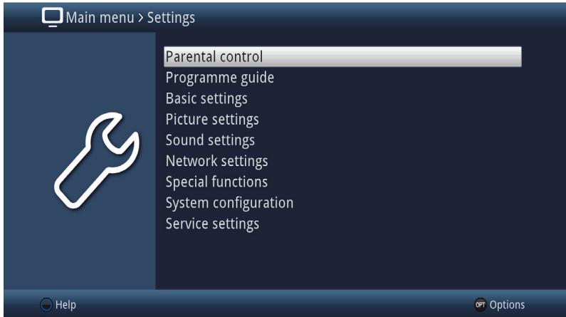 Main menu > Settings Parental control Programme guide Basic settings Picture settings Sound settings Network settings Special functions System configuration Service settings Help Options