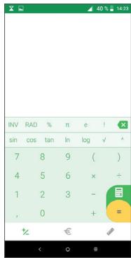 40 % 14:23 INV RAD % π e ! sin cos tan ln log √ 7 8 9 ( ) 4 5 6 × ÷ 1 2 3 - , 0 + =