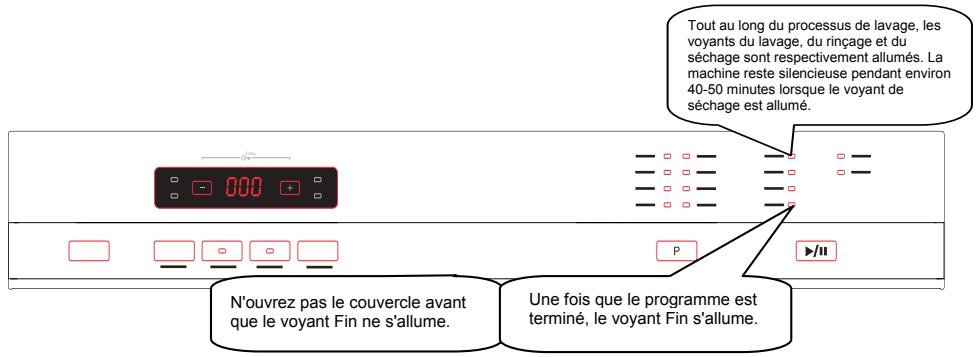 Tout au long du processus de lavage, les voyants du lavage, du rinçage et du séchage sont respectivement allumés. La machine reste silencieuse pendant environ 40-50 minutes lorsque le voyant de séchage est allumé. N'ouvrez pas le couvercle avant que le voyant Fin ne s'allume. Une fois que le programme est terminé, le voyant Fin s'allume.
