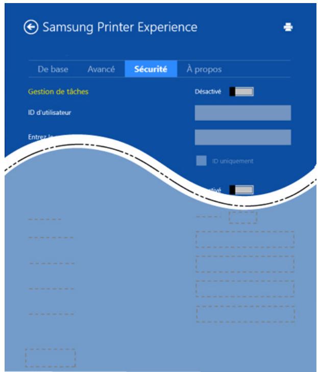 Samsung Printer Experience De base Avancé Sécurité À propos Gestion de tâches Désactivé ID d'utilisateur Entrez le ID uniquement Intervé