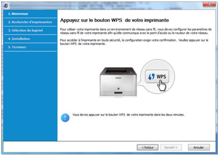 1. Bienvenue 2. Recherche d'imprimantes 3. Sélection du logiciel 4. Installation 5. Terminer Appuyez sur le bouton WPS de votre imprimante Pour utiliser votre imprimante dans un environnement de réseau sans fil, vous devez configurer les paramètres de réseau sans fil de votre imprimante afin qu'elle communique avec le point d'accès ou le routeur de votre réseau. Pour accéder à l'imprimante en toute sécurité, la configuration exige votre confirmation. Veuillez appuyer sur le bouton WPS de votre imprimante. Vous devez appuyer sur le bouton WPS de votre imprimante dans les deux minutes. < Retour Suivant > Annuler