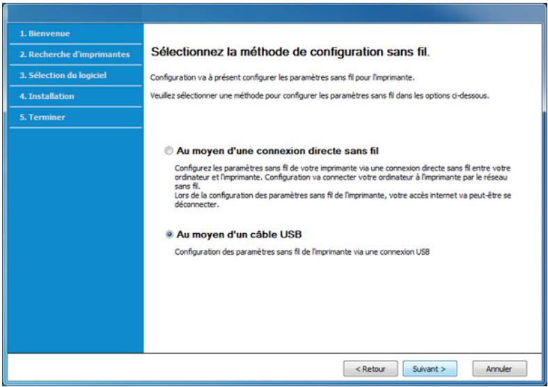 1. Bienvenue 2. Recherche d'imprimantes 3. Sélection du logiciel 4. Installation 5. Terminer Sélectionnez la méthode de configuration sans fil. Configuration va à présent configurer les paramètres sans fil pour l'imprimante. Veuillez sélectionner une méthode pour configurer les paramètres sans fil dans les options ci-dessous. ○ Au moyen d'une connexion directe sans fil Configurez les paramètres sans fil de votre imprimante via une connexion directe sans fil entre votre ordinateur et l'imprimante. Configuration va connecter votre ordinateur à l'imprimante par le réseau sans fil. Lors de la configuration des paramètres sans fil de l'imprimante, votre accès internet va peut-être se déconnecter. ● Au moyen d'un câble USB Configuration des paramètres sans fil de l'imprimante via une connexion USB < Retour Suivant > Annuler