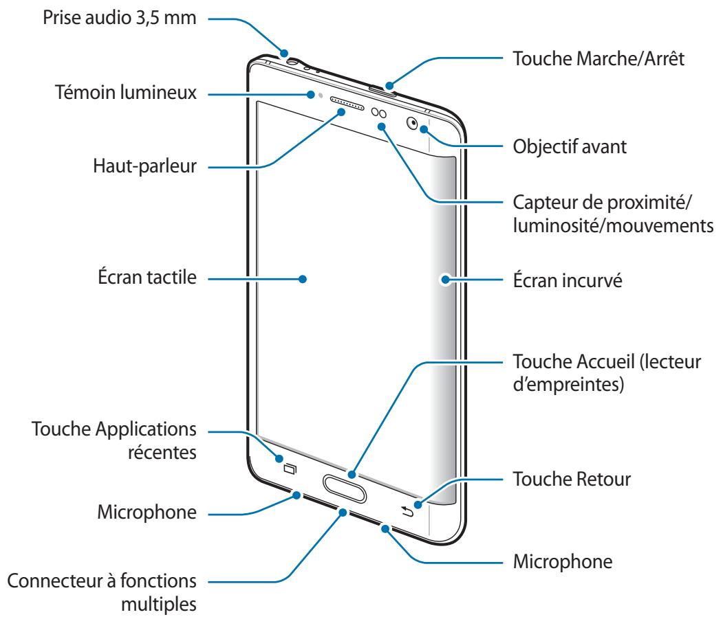 Prise audio 3,5 mm Témoin lumineux Haut-parleur Écran tactile Touche Marche/Arrêt Objectif avant Capteur de proximité/ luminosité/mouvements Écran incurvé Touche Accueil (lecteur d'empreintes) Touche Applications récentes Microphone Connecteur à fonctions multiples Touche Retour Microphone