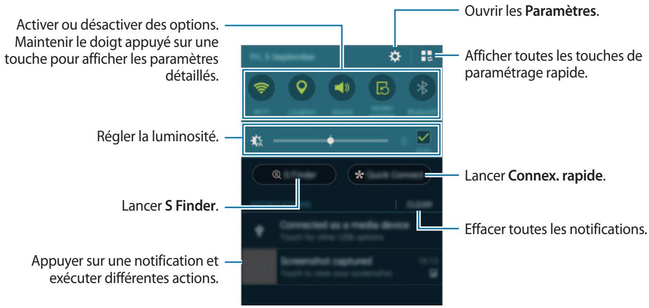 Activer ou désactiver des options. Maintenir le doigt appuyé sur une touche pour afficher les paramètres détaillés. Ouvrir les Paramètres. Régler la luminosité. Lancer S Finder. Appuyer sur une notification et exécuter différentes actions. Afficher toutes les touches de paramétrage rapide. Lancer Connex. rapide. Effacer toutes les notifications.