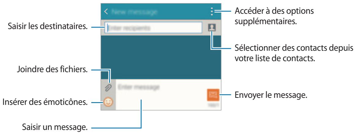 Saisir les destinataires. Accéder à des options supplémentaires. Joindre des fichiers. Sélectionner des contacts depuis votre liste de contacts. Insérer des émoticônes. Envoyer le message. Saisir un message.