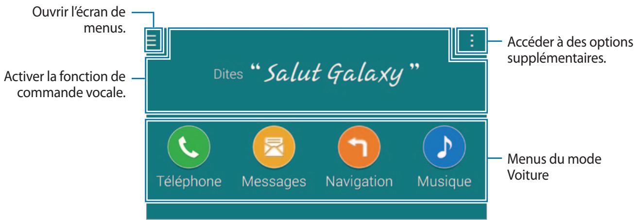 Ouvrir l'écran de menus. Activer la fonction de commande vocale. Accéder à des options supplémentaires. Dites "Salut Galaxy" Téléphone Messages Navigation Musique Menus du mode Voiture