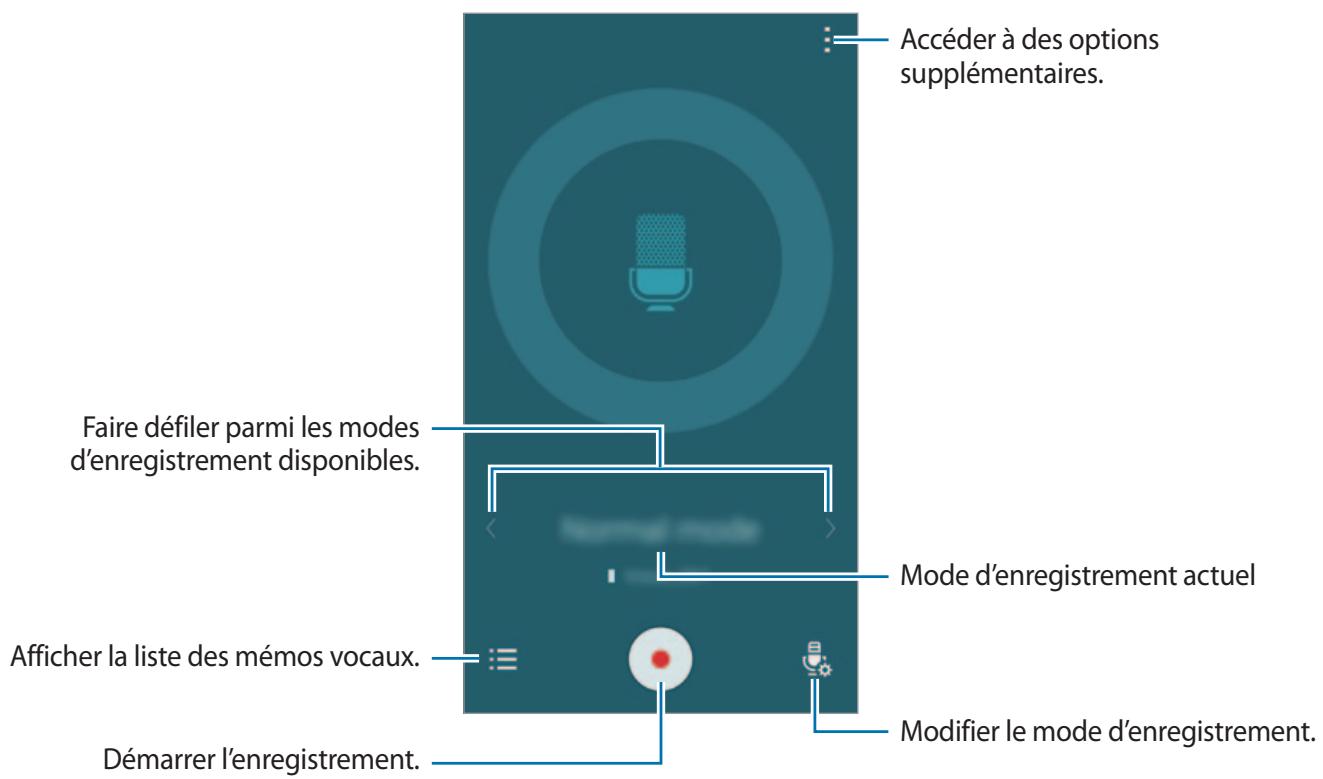 Accéder à des options supplémentaires. Faire défiler parmi les modes d'enregistrement disponibles. Mode d'enregistrement actuel Afficher la liste des mémos vocaux. Démarrer l'enregistrement. Modifier le mode d'enregistrement.