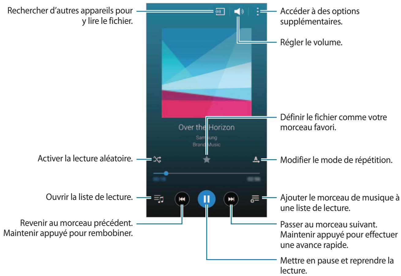 Rechercher d'autres appareils pour y lire le fichier. Accéder à des options supplémentaires. Régler le volume. Définir le fichier comme votre morceau favori. Over the Horizon Samsung Brand Music Activer la lecture aléatoire. Modifier le mode de répétition. Ouvrir la liste de lecture. Ajouter le morceau de musique à une liste de lecture. Revenir au morceau précédent. Passer au morceau suivant. Maintenir appuyé pour effectuer une avance rapide. Maintenir appuyé pour rembobiner. Mettre en pause et reprendre la lecture.