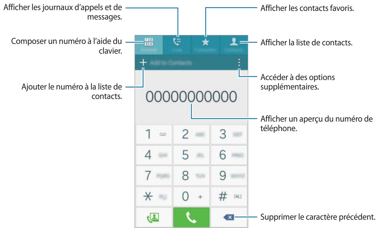 Afficher les journaux d'appels et de messages. Composer un numéro à l'aide du clavier. Ajouter le numéro à la liste de contacts. 000000000000 1 2 3 4 5 6 7 8 9 * 0 + # Supprimer le caractère précédent. Afficher les contacts favoris. Afficher la liste de contacts. Accéder à des options supplémentaires. Afficher un aperçu du numéro de téléphone.