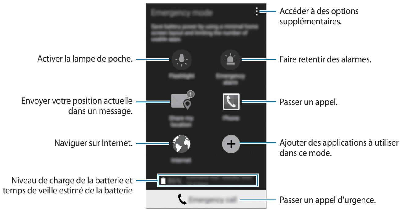 Accéder à des options supplémentaires. Activer la lampe de poche. Faire retentir des alarmes. Envoyer votre position actuelle dans un message. Passer un appel. Naviguer sur Internet. Ajouter des applications à utiliser dans ce mode. Niveau de charge de la batterie et temps de veille estimé de la batterie Passer un appel d'urgence.