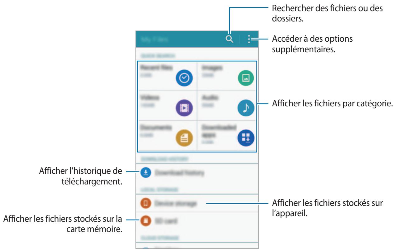 Rechercher des fichiers ou des dossiers. Accéder à des options supplémentaires. Afficher les fichiers par catégorie. Afficher l'historique de téléchargement. Afficher les fichiers stockés sur la carte mémoire.