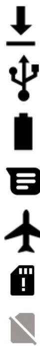 Vertical sequence of black and gray icons representing symbols: download, USB, battery, email, airplane, and document.