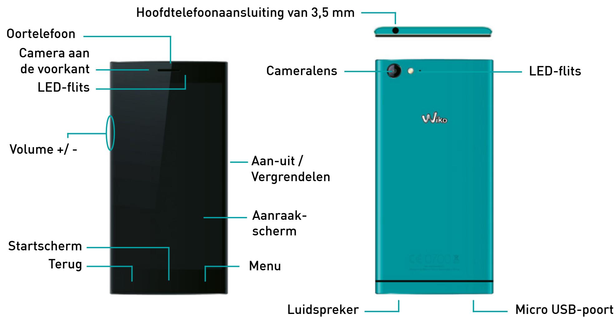 Hoofdtelefoonaansluiting van 3,5 mm Oortelefoon Camera aan de voorkant LED-flits Volume +/- - Startscherm Terug Cameralens LED-flits Aan-uit / Vergrendelen Aanraak-scherm Menu Wiko Luidspreker Micro USB-poort