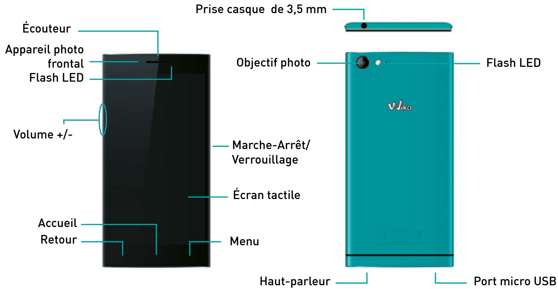 Prise casque de 3,5 mm Écouteur Appareil photo frontal Flash LED Volume +/- Accueil Retour Menu Marche-Arrêt/ Verrouillage Écran tactile Objectif photo Flash LED Wiko Haut-parleur Port micro USB