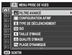 MENU PRISE DE VUES FILTRE AVANCÉ 1 CONFIGURATION AF/MF 2 TYPE DE DÉCLLENCHEMENT ISO 3 TAILLE D'IMAGE 4 QUALITE D'IMAGE 5 PLAGE DYNAMIQUE BACK SORTIR