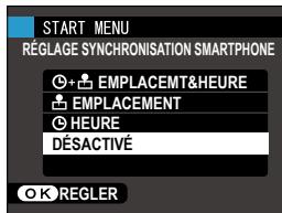 START MENU RÉGLAGE SYNCHRONISATION SMARTPHONE + EMPLACEMENT&HEURE EMPLACEMENT HEURE DÉSACTIVÉ OK REGLER