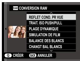 RAW CONVERSION RAW REFLET COND. PR VUE TRAIT: ISO PUSH/PULL PLAGE DYNAMIQUE SIMULATION DE FILM BALANCE DES BLANCS CHANGT BAL BLANCS Q CRÉER BOK ANNULER