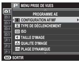 P MENU PRISE DE VUES PROGRAMME AE C 1 CONFIGURATION AF/MF TYPE DE DÉCLLENCHEMENT ISO ISO TAILLE D'IMAGE QUALITE D'IMAGE PLAGE DYNAMIQUE BMX SORTIR