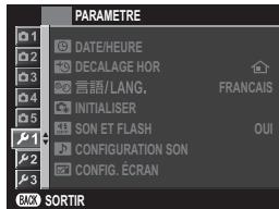 PARAMETRE 1 DATE/HEURE 2 DECALEAGE HOR 3 言語/LANG. 4 INITIALISER 5 SON ET FLASH 6 CONFIGURATION SON 7 CONFIG. ÉCRAN 8 OUI 9 EMX SORTIR