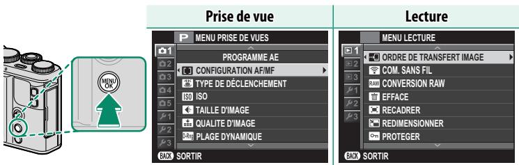 Prise de vue MENU PRISE DE VUES PROGRAMME AE 2 CONFIGURATION AF/MF 3 TYPE DE DÉCLLENCHEMENT 4 ISO 5 TAILLE D'IMAGE 6 QUALITE D'IMAGE 7 PLAGE DYNAMIQUE 8 CLK SORTIR Lecture MENU LECTURE 1 ORDRE DE TRANSFERT IMAGE 2 COM. SANS FIL 3 CONVERSION RAW 4 EFFACE 5 RECADRER 6 REDIMENSIONNER 7 PROTEGER 8 CLK SORTIR