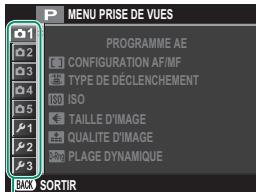 P MENU PRISE DE VUES PROGRAMME AE 1 CONFIGURATION AF/MF 2 TYPE DE DÉCLENCHEMENT ISO ISO 3 TAILLE D'IMAGE 4 QUALITE D'IMAGE 5 PLAGE DYNAMIQUE BACK SORTIR