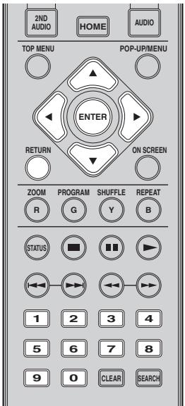 2ND AUDIO HOME AUDIO TOP MENU POP-UP/MENU ENTER RETURN ON SCREEN ZOOM PROGRAM SHUFFLE REPEAT R G Y B STATUS 1 2 3 4 5 6 7 8 9 0 CLEAR SEARCH