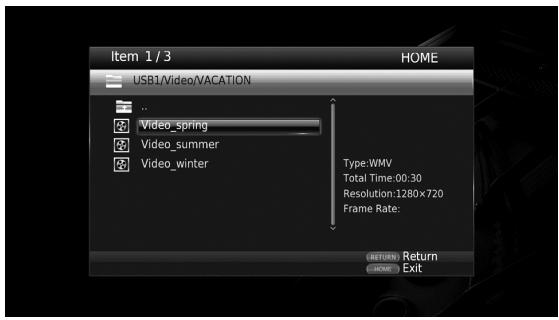 Item 1 / 3 USB1/Video/VACATION ... 24 Video_spring 25 Video_summer 26 Video_winter Type:WMV Total Time:00:30 Resolution:1280×720 Frame Rate: RETURN Return HOME Exit