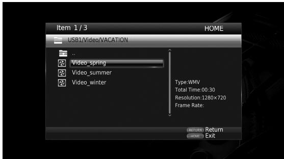 Item 1 / 3 USB1/Video/VACATION ... Video_spring Video_summer Video_winter Type:WMV Total Time:00:30 Resolution:1280x720 Frame Rate: RETURN HOME Exit