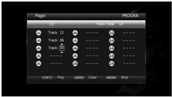 Page: CD Track Total: 14 1 Track: 12 6 ------------------- 11 --------------------- 2 Track: 06 7 --------------------- 12 ---------------------- 3 Track: 00 8 --------------------- 13 ----------------------- 4 --------------------- 9 ----------------------- 14 ----------------------- 5 ----------------------- 10 ----------------------- 15 ------------------------- Play CLEAR Clear (RETURN) Stop