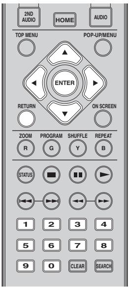 2ND AUDIO HOME AUDIO TOP MENU POP-UP/MENU ENTER RETURN ON SCREEN ZOOM PROGRAM SHUFFLE REPEAT R G Y B STATUS 1 2 3 4 5 6 7 8 9 0 CLEAR SEARCH