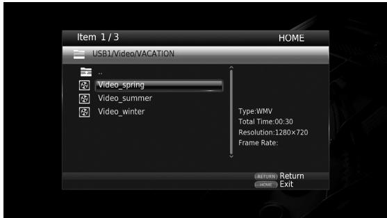 Item 1 / 3 USB1/Video/VACATION ... Video_spring Video_summer Video_winter Type:WMV Total Time:00:30 Resolution:1280x720 Frame Rate: RETURN Return HOME Exit