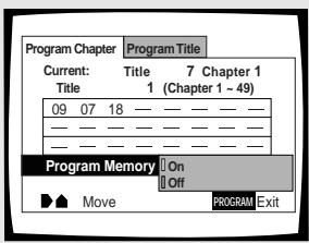 PIONEER DV-575A - Die Cursor-Taste (▼) verwenden, um die Position [Program Memory] hervorzuheiten; danach die Cursor-Taste (▶) benutzen, um [On]. - 1