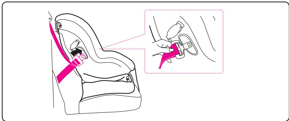 Diagram showing a car seat with a pink belt and inset detail of the seat being adjusted for use.