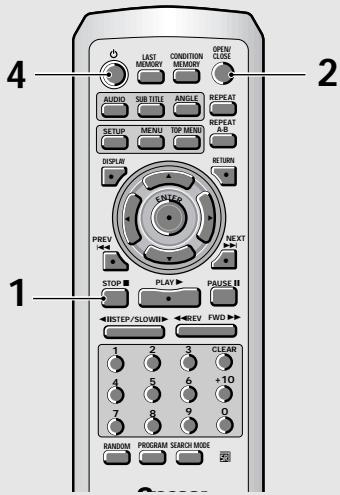 4 LAST MEMORY CONDITION MEMORY OPEN CLOVE 2 AUDIO SUB TITLE ANGLE REPEAT REPEAT SETUP MENU TOP MENU A/B RETURN DISPLAY PREV NEXT STOP PLAY PAUSE MISTEP/SLOWED REV FWD 1 2 3 CLEAR 4 5 6 +10 7 8 9 0 RANDOM PROGRAM SEARCH MODE