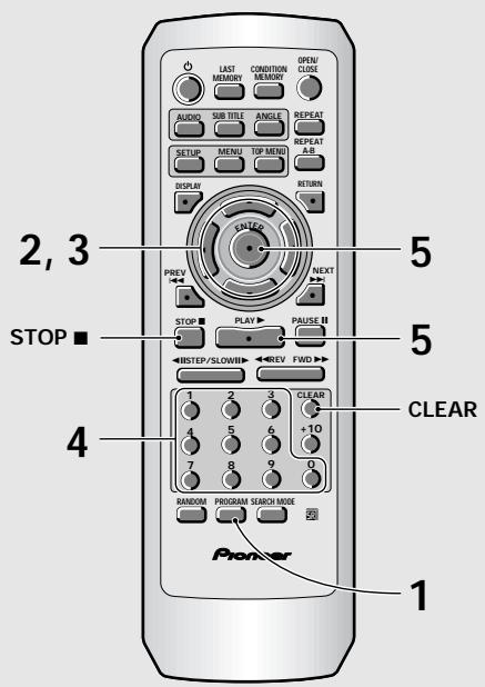 2, 3 STOP ■ 4 LAST MEMORY CONDITION MEMORY OPEN/ CLOSE AUDIO SUB TITLE ANGLE REPEAT REPEAT SETUP MENU TOP MEND A.B DISPLAY RETURN NEXT PREV STOP PLAY PAUSE 5 1 STEP/SLOWIN REV FWD 5 CLEAR 7 8 9 0 RANDOM PROGRAM SEARCH MODE POWER 1
