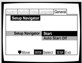 Audio1 Audio2 Video language General Setup Navigator Setup Navigator Start Auto Start Off Move ENTER Select SETUP Exit