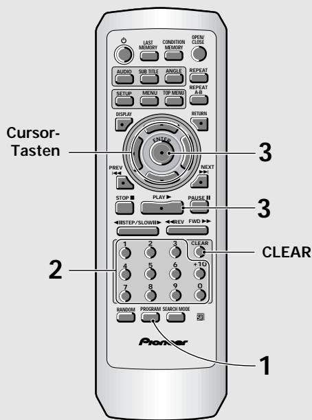 Cursor- Tasten 1 2 3 CLEAR Pioneer 1 2 3 PREV NEXT STOP PLAY PAUSE FWD 1 2 3 4 5 6 +10 7 8 9 0 RANDOM PROGRAM SEARCH MODE 200